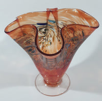 Arte Vargas 6062 Orange with Blue Swirls Frilled Pinched Edge 6" Tall Hand Blown Art Glass Vase Signed