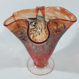 Arte Vargas 6062 Orange with Blue Swirls Frilled Pinched Edge 6" Tall Hand Blown Art Glass Vase Signed