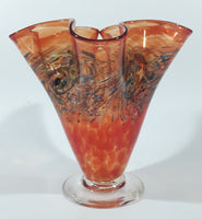 Arte Vargas 6062 Orange with Blue Swirls Frilled Pinched Edge 6" Tall Hand Blown Art Glass Vase Signed