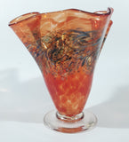 Arte Vargas 6062 Orange with Blue Swirls Frilled Pinched Edge 6" Tall Hand Blown Art Glass Vase Signed