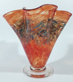 Arte Vargas 6062 Orange with Blue Swirls Frilled Pinched Edge 6" Tall Hand Blown Art Glass Vase Signed