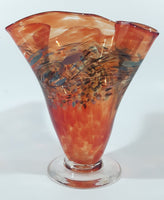 Arte Vargas 6062 Orange with Blue Swirls Frilled Pinched Edge 6" Tall Hand Blown Art Glass Vase Signed