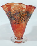 Arte Vargas 6062 Orange with Blue Swirls Frilled Pinched Edge 6" Tall Hand Blown Art Glass Vase Signed