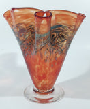 Arte Vargas 6062 Orange with Blue Swirls Frilled Pinched Edge 6" Tall Hand Blown Art Glass Vase Signed