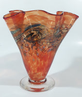 Arte Vargas 6062 Orange with Blue Swirls Frilled Pinched Edge 6" Tall Hand Blown Art Glass Vase Signed