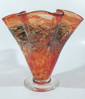 Arte Vargas 6062 Orange with Blue Swirls Frilled Pinched Edge 6" Tall Hand Blown Art Glass Vase Signed