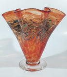 Arte Vargas 6062 Orange with Blue Swirls Frilled Pinched Edge 6" Tall Hand Blown Art Glass Vase Signed