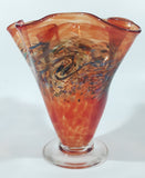 Arte Vargas 6062 Orange with Blue Swirls Frilled Pinched Edge 6" Tall Hand Blown Art Glass Vase Signed