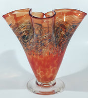 Arte Vargas 6062 Orange with Blue Swirls Frilled Pinched Edge 6" Tall Hand Blown Art Glass Vase Signed