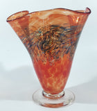 Arte Vargas 6062 Orange with Blue Swirls Frilled Pinched Edge 6" Tall Hand Blown Art Glass Vase Signed