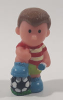 ELC Happyland Boy in Red and White Striped Shirt with Foot On A Soccer Ball Football Player 2 1/2" Tall Plastic Toy Figure