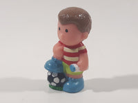 ELC Happyland Boy in Red and White Striped Shirt with Foot On A Soccer Ball Football Player 2 1/2" Tall Plastic Toy Figure