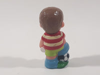 ELC Happyland Boy in Red and White Striped Shirt with Foot On A Soccer Ball Football Player 2 1/2" Tall Plastic Toy Figure