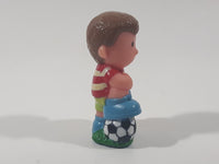 ELC Happyland Boy in Red and White Striped Shirt with Foot On A Soccer Ball Football Player 2 1/2" Tall Plastic Toy Figure