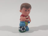 ELC Happyland Boy in Red and White Striped Shirt with Foot On A Soccer Ball Football Player 2 1/2" Tall Plastic Toy Figure