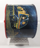Vintage Banco Comercial Mexicano, S.A. Institucion De Deposito, Ahorro Y Fideicomiso Retro Space Age Cartoon Family and Robot Graphics with Rear Clock Hands 7 1/2" Tall Tin Metal Combination Coin Bank Safe Vault