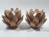 Pine Cone or Opening Flower Wood and Glass Tealight Candle Holder 5" Wide