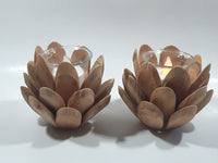 Pine Cone or Opening Flower Wood and Glass Tealight Candle Holder 5" Wide