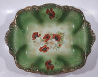 Antique Green Gold Trimmed Red and White Poppy Flower Themed 10" x 12 1/4" Hand Painted Porcelain Bowl