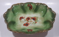 Antique Green Gold Trimmed Red and White Poppy Flower Themed 10" x 12 1/4" Hand Painted Porcelain Bowl