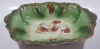 Antique Green Gold Trimmed Red and White Poppy Flower Themed 10" x 12 1/4" Hand Painted Porcelain Bowl