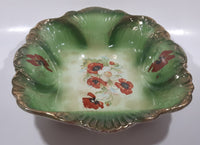 Antique Green Gold Trimmed Red and White Poppy Flower Themed 10" x 12 1/4" Hand Painted Porcelain Bowl