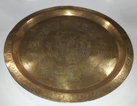 Vintage Japanese Man with Cane and Young Boy Large 17 1/4" Etched Brass Platter Plate