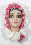 Vintage Woman Head Green Headband with Pink and White Doily Lace Bonnet