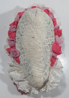 Vintage Woman Head Green Headband with Pink and White Doily Lace Bonnet