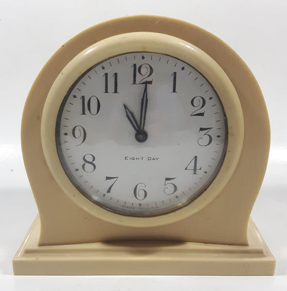 Antique Ivory PY-RA-LIN Eight Day Cream Colored Arched 5" Tall Wind Up Alarm Clock Made in U.S.A.