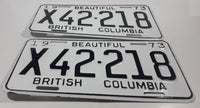 Matching Set of 2 Vintage 1973 Beautiful British Columbia White with Black Letters Vehicle License Plate X42 218