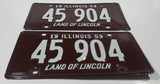 Matching Set of 2 Vintage 1959 Illinois Land Of Lincoln Brown with White Letters Metal Vehicle License Plate Tag 45 904