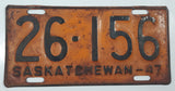 Vintage 1947 Saskatchewan Orange with Black Letters Metal Vehicle License Plate Tag 26 156