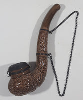 Antique Carved Engraved Brown Clay Pottery 5 1/2" Tobacco Pipe with Taurus Bull Metal Lid and Hanging Chain