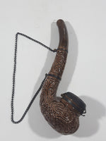 Antique Carved Engraved Brown Clay Pottery 5 1/2" Tobacco Pipe with Taurus Bull Metal Lid and Hanging Chain