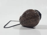 Antique Carved Engraved Brown Clay Pottery 5 1/2" Tobacco Pipe with Taurus Bull Metal Lid and Hanging Chain