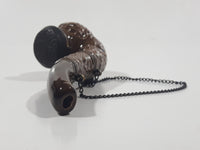 Antique Carved Engraved Brown Clay Pottery 5 1/2" Tobacco Pipe with Taurus Bull Metal Lid and Hanging Chain