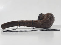 Antique Carved Engraved Brown Clay Pottery 5 1/2" Tobacco Pipe with Taurus Bull Metal Lid and Hanging Chain