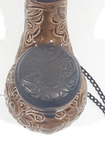 Antique Carved Engraved Brown Clay Pottery 5 1/2" Tobacco Pipe with Taurus Bull Metal Lid and Hanging Chain