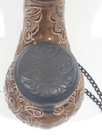 Antique Carved Engraved Brown Clay Pottery 5 1/2" Tobacco Pipe with Taurus Bull Metal Lid and Hanging Chain