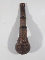 Antique Carved Engraved Brown Clay Pottery 5 1/2" Tobacco Pipe with Taurus Bull Metal Lid and Hanging Chain