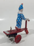 Vintage Roli Zoli Blue Clown with White Spots on Red Tricycle Bike 5 1/2" Tall Tin Metal Key Wind Up Toy Made in China