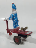 Vintage Roli Zoli Blue Clown with White Spots on Red Tricycle Bike 5 1/2" Tall Tin Metal Key Wind Up Toy Made in China