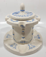 Antique Blue and White Tobacco Humidor Jar 6" Tall Raised Relief Ceramic Six Pipe Stand