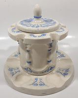 Antique Blue and White Tobacco Humidor Jar 6" Tall Raised Relief Ceramic Six Pipe Stand