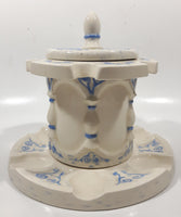 Antique Blue and White Tobacco Humidor Jar 6" Tall Raised Relief Ceramic Six Pipe Stand