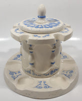 Antique Blue and White Tobacco Humidor Jar 6" Tall Raised Relief Ceramic Six Pipe Stand