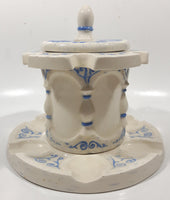 Antique Blue and White Tobacco Humidor Jar 6" Tall Raised Relief Ceramic Six Pipe Stand