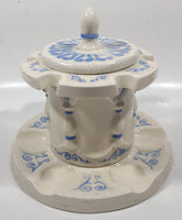 Antique Blue and White Tobacco Humidor Jar 6" Tall Raised Relief Ceramic Six Pipe Stand