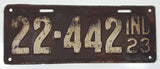 Antique 1923 Indiana Brown with White Letters Metal Vehicle License Plate Tag 22 442